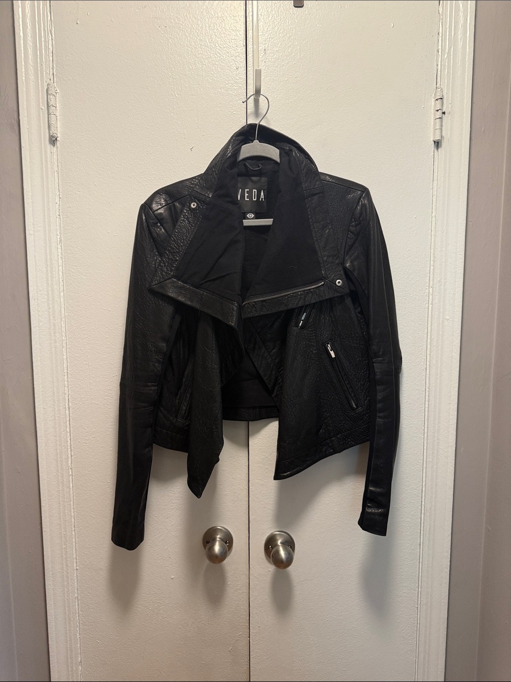 Veda Black Draped Leather Motorcycle Jacket
